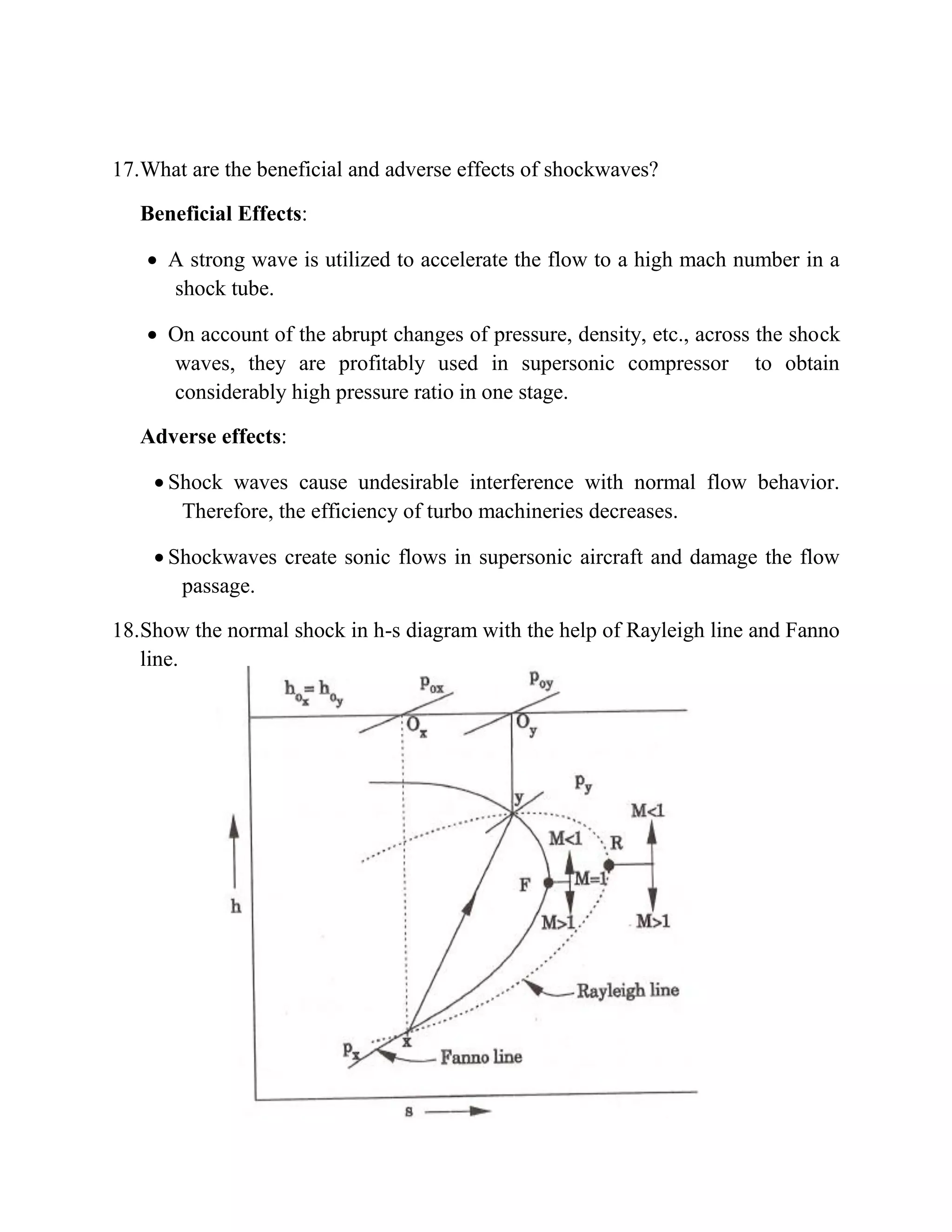 17.What are the beneficial and adverse effects of shockwaves?
Beneficial Effects:
 A strong wave is utilized to accelerate the flow to a high mach number in a
shock tube.
 On account of the abrupt changes of pressure, density, etc., across the shock
waves, they are profitably used in supersonic compressor to obtain
considerably high pressure ratio in one stage.
Adverse effects:
 Shock waves cause undesirable interference with normal flow behavior.
Therefore, the efficiency of turbo machineries decreases.
 Shockwaves create sonic flows in supersonic aircraft and damage the flow
passage.
18.Show the normal shock in h-s diagram with the help of Rayleigh line and Fanno
line.
 