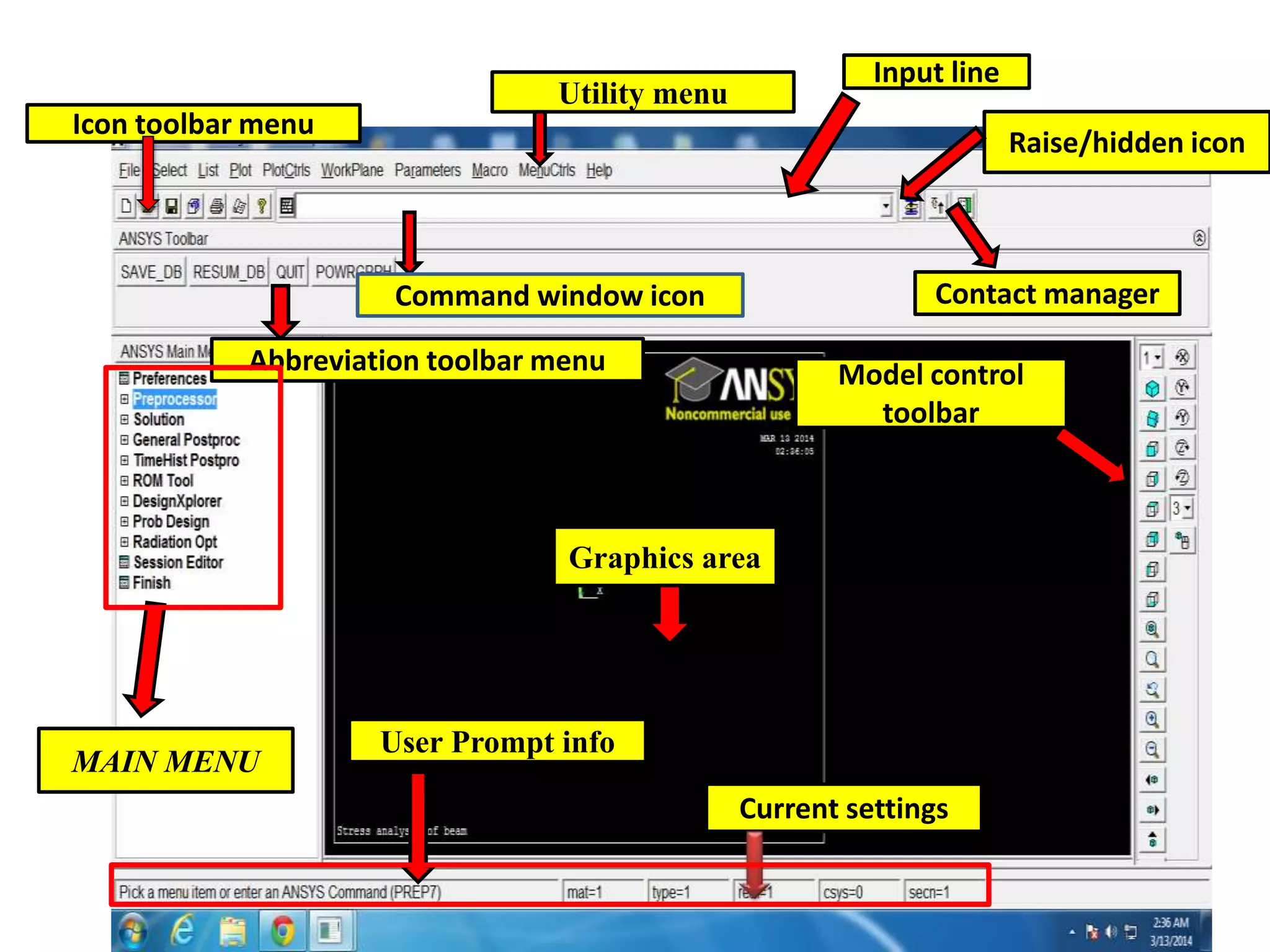 Current settings
User Prompt info
MAIN MENU
Graphics area
Icon toolbar menu
Utility menu
Input line
Raise/hidden icon
Contact managerCommand window icon
Abbreviation toolbar menu Model control
toolbar
 