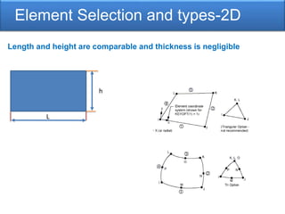 Element Selection and types-2D
L
h
Length and height are comparable and thickness is negligible
 