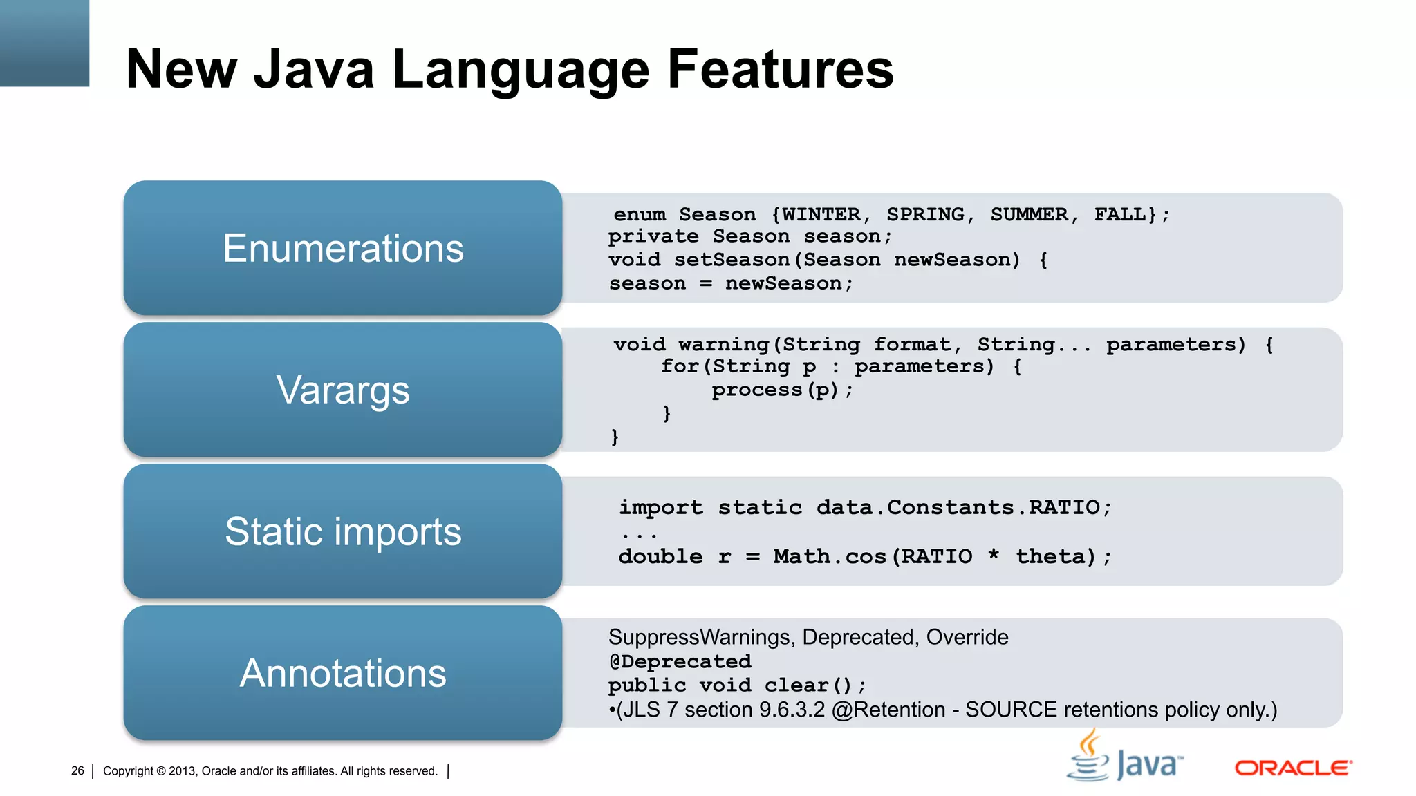 Copyright © 2013, Oracle and/or its affiliates. All rights reserved.26
New Java Language Features
• enum Season {WINTER, SPRING, SUMMER, FALL};
private Season season;
void setSeason(Season newSeason) {
season = newSeason;
Enumerations
• void warning(String format, String... parameters) {
for(String p : parameters) {
process(p);
}
}
Varargs
• import static data.Constants.RATIO;
...
double r = Math.cos(RATIO * theta);
Static imports
• SuppressWarnings, Deprecated, Override	
  
@Deprecated
public void clear();
• (JLS 7 section 9.6.3.2 @Retention - SOURCE retentions policy only.)	
  
Annotations
 
