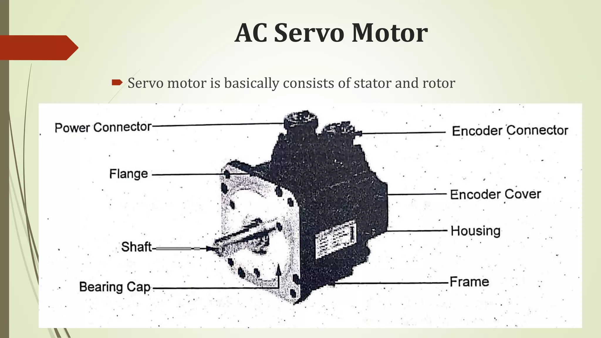 AC Servo Motor
 Servo motor is basically consists of stator and rotor
 