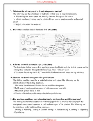 15
7. What are the advantages of hydraulic shaper mechanism?
The following are the advantages of hydraulic system used in shaper mechanism.
a. The cutting and return speed are partially constant throughout the stroke.
b. Infinite number of cutting may be obtained from zero to maximum value and control
easier.
c. No jerk, vibrations are occurred.
8. Draw the nomenclature of standard drill (Dec,2013)
9. Give the functions of flute on taps.(June,2014)
The flute is the helical groove. It is used to remove the chip through the helical groove and the
cutting fluid will enter through the flute surface. Also, Flutes are used
i)To reduce the cutting forces. ii) To avoid friction between work piece and tap interface.
10.Mention any four drilling machine specifications
The drilling machines used for to make holes in a work piece. The following are the
specifications of the drilling machines.
1.Maximum size of the drill in mm that the machine can operate
2.Table size of maximum dimensions of a job can mount on a table
3.Maximum spindle travel in mm
4.Number of spindle speed & range of spindle speeds in rpm.
11.List any four machining operations that can be performed on a drilling machine?
The drilling machine has used for the following operations to produce the workpiece. But
this operations are most important in each and every part of the product. The following are
the operations performed in drilling machines.
1.Drilling 2. Reaming 3.Boring 4. Counter boring 5. Counter sinking 6.Tapping 7.Trepanning
8.Spot facing.
www.AUNewsBlog.net
www.AUNewsBlog.net
 