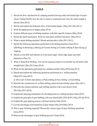 20
PART B
1. Sketch the drive mechanism of a shaping machine having crank and slotted type of quick
return. Explain briefly how the ram is made to reciprocate and how the stroke length is
altered. (Dec,2012)
2. Sketch and explain the hydraulic drive of horizontal shaper. (May,2011,Dec,2011)
3. Write the applications of shapers.(Dec,2014)
4. Explain different types of drilling machines with their specific features.(May,2010)
5. Sketch the Quill mechanism. Write its main parts and their functions. (May,2011)
6. What is radial drilling machine?.Sketch and describe it (Dec,2011,2012)
7. Sketch the following operations performed in the drilling machine (June,2012)
a)Drilling, b) Reaming c) Boring d) Counter boring e) Counter sinking f) Spot facing g)
Tapping
8. Sketch a twist drill and indicate on it the point angle, chisel edge angle and other
parameters (Dec,12)
9. What is Deep Hole Drilling. List out the measures taken to avoid drill run off and to drill
straight holes (Dec,2013,June,2014).
10. What are the operations performed on a milling machine (May,2010,June,2013)
11.Sketch and explain the following operations performed on a milling machine
(May,2011,June,2012)
a) Dove tail b).Slots and splines c) Plain milling d) Face milling e) End milling
12.Describe the construction of a) Plain milling cutters b) End milling cutters (Dec,2011)
13.Describe the column and knee type milling machine with a neat sketch. (June
2013,Dec,2013,2014)
14.Explain the indexing mechanism of a dividing head on a milling machine (June,2014)
15.Explain the principle of gear hobbing with neat sketch (Dec,2010 &2011,May,2011& 2013)
16.Explain the gear shaping process with neat sketches (Dec,2014)
17.List the advantages and limitations of gear shaper (Dec,2010,May 2011)
18. Why is gear finishing required?.Discuss the various types of gear finishing operations
(June,2014)
19.What are the advantages of gear hobbing process? (June,2014)
www.AUNewsBlog.net
www.AUNewsBlog.net
 