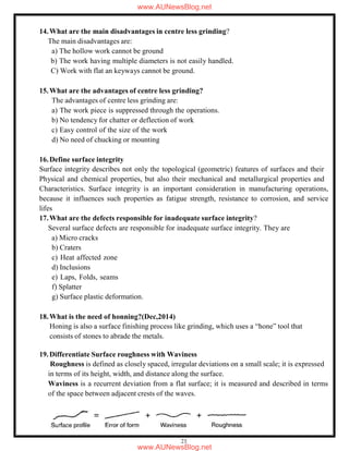 23
14.What are the main disadvantages in centre less grinding?
The main disadvantages are:
a) The hollow work cannot be ground
b) The work having multiple diameters is not easily handled.
C) Work with flat an keyways cannot be ground.
15.What are the advantages of centre less grinding?
The advantages of centre less grinding are:
a) The work piece is suppressed through the operations.
b) No tendency for chatter or deflection of work
c) Easy control of the size of the work
d) No need of chucking or mounting
16.Define surface integrity
Surface integrity describes not only the topological (geometric) features of surfaces and their
Physical and chemical properties, but also their mechanical and metallurgical properties and
Characteristics. Surface integrity is an important consideration in manufacturing operations,
because it influences such properties as fatigue strength, resistance to corrosion, and service
lifes
17.What are the defects responsible for inadequate surface integrity?
Several surface defects are responsible for inadequate surface integrity. They are
a) Micro cracks
b) Craters
c) Heat affected zone
d) Inclusions
e) Laps, Folds, seams
f) Splatter
g) Surface plastic deformation.
18.What is the need of honning?(Dec,2014)
Honing is also a surface finishing process like grinding, which uses a “hone” tool that
consists of stones to abrade the metals.
19.Differentiate Surface roughness with Waviness
Roughness is defined as closely spaced, irregular deviations on a small scale; it is expressed
in terms of its height, width, and distance along the surface.
Waviness is a recurrent deviation from a flat surface; it is measured and described in terms
of the space between adjacent crests of the waves.
www.AUNewsBlog.net
www.AUNewsBlog.net
 