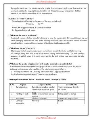 10
Triangular notches are cut into the metal at precise dimensions and angles, and these notches are
used as templates for shaping the machine tool bit. The center gauge helps ensure that the
tool bit is the correct dimensions to cut these threads.
11.Define the term "Conicity".
The ratio of the difference in diameters of the taper to its length.
Conicity, K= D-d
l
Where, D - Bigger diameter, d - Smaller diameter
l - Length of the work piece.
12.What are the uses of headstock?
Headstock carries a hollow spindle with nose to hold the work piece. To Mount the driving and
speed changing mechanisms. The work holding device of chuck is mounted in the headstock
spindle and the gears used in mechanism all inside the headstock assembly.
13.What is an apron? (Dec,2012)
The integral part of several gears, levers and clutches mounted with the saddle for moving
the carriage along with lead screw while thread cutting and auto feeding. The total carriage
assembly is called apron it is most important in the tool setting and movement in lathe
machines.
14.What are the special attachments which can be mounted on a centre lathe?
Lathe has used to various operations by specific various attachments to perform the process
not done with common lathe machines. The attachments are as follows:
i) Milling attachment ii). Grinding attachment iii). Copying attachment
iv). Radius turning attachment v) Taper turning attachment
15.Distinguish between Capstan Lathe from Turret Lathe (May 2010)
S.No Aspects Capstan Lathe Turret Lathe
1 Turret position Turret is mounted on auxilary
slide which moves on guide
ways
Turret is mounted directly
on saddle
2 Feeding of tools Saddle is fixed, tools are fed
by slide
Entire saddle is moved
3 Tool travel Limited tool travel Almost full length of bed
4 Carriage
movement
Movable Fixed
www.AUNewsBlog.net
www.AUNewsBlog.net
 