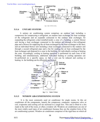 ME6404 THERMAL ENGINEERING
98
SCE Department of Mechanical Engineering
5.11.4 UNITARY SYSTEMS
A unitary air conditioning system comprises an outdoor unit including a
compressor for compressing a refrigerant, an outdoor heat exchanger for heat exchange
of the refrigerant and an expander connected to the outdoor heat exchanger, for
expanding the refrigerant; a duct installed inside a zone of a building; a central blower
unit having a heat exchanger connected to the outdoor unit through a first refrigerant
pipe and a blower for supplying the air heat-exchanged by the heat exchanger to the duct;
and an individual blower unit including a heat exchanger connected to the outdoor unit
through a second refrigerant pipe and a fan for sending the air heat exchanged by the
heat exchanger and disposed in a zone in the building, for individually cooling or heating
the zone. Accordingly, cooling or heating operation is performed on each zone of the
building, and simultaneously, additional individual heating or cooling operation can
be performed on a specific space, so that a cost can be reduced and cooling or
heating in the building can be efficiently performed.
5.11.5 WINDOW AIR-CONDITIONING SYSTEM
It is the most commonly used air conditioner for single rooms. In this air
conditioner all the components, namely the compressor, condenser, expansion valve or
coil, evaporator and cooling coil are enclosed in a single box. This unit is fitted in a slot
made in the wall of the room, or often a window sill. Windows air conditioners are one of
the most widely used types of air conditioners because they are the simplest form of the
air conditioning systems. Window air conditioner comprises of the rigid base on which all
Visit for More : www.LearnEngineering.in
Visit for More : www.LearnEngineering.in
w
w
w
.
L
e
a
r
n
E
n
g
i
n
e
e
r
i
n
g
.
i
n
 