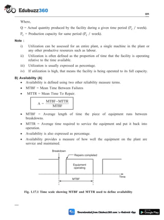 Where,
Q = Actual quantity produced by the facility during a given time period (P / week
c ).
Pc = Production capacity for same period (P / week
c ).
Note :
i) Utilization can be assessed for an entire plant, a single machine in the plant or
any other productive resources such as labour.
ii) Utilization is often defined as the proportion of time that the facility is operating
relative to the time available.
iii) Utilization is usually expressed as percentage.
iv) If utilization is high, that means the facility is being operated to its full capacity.
B) Availability (A)
· Availability is defined using two other reliability measure terms.
· MTBF = Mean Time Between Failures
· MTTR = Mean Time To Repair.
A =
MTBF MTTR
MTBF
-
· MTBF = Average length of time the piece of equipment runs between
breakdowns.
· MTTR = Average time required to service the equipment and put it back into
operation.
· Availability is also expressed as percentage.
· Availability provides a measure of how well the equipment on the plant are
service and maintained.
1 - 89 Computer Aided Design and Manufacturing
Introduction
Breakdown
Repairs completed
Equipment
operating
MTBF
TIme
Fig. 1.17.1 Time scale showing MTBF and MTTR used to define availability
 