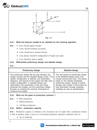 Q.31 Write the features needed to be satisfied for line drawing algorithm.
Ans. : · Lines should appear straight
· Lines should terminate accurately
· Lines should have constant density
· Line density should be independent of length and angle
· Line should be drawn rapidly
Q.32 Differentiate preliminary design and detailed design.
Ans. :
Preliminary design Detailed design
The preliminary design fills the gap between the
design concept and the detailed design phase. The
system configuration is defined, and schematics,
diagrams, and layouts of the project will offer early
project configuration. In detailed design and
optimization, the parameters of the part being
produced will change, but the preliminary design
focuses on creating the common framework to
construct the project.
The next phase of preliminary design
is the Detailed Design which may
include procurement also. This phase
builds on the already developed
preliminary design, aiming to further
develop each phase of the project by
total description through drawings,
modeling as well as specifications.
Q.33 What are the types of production systems ?
Ans. : · Mass production
· Batch production
· Job-Shop production
Q.34 Define - production capacity
Ans. : Production capacity is defined as the maximum rate of output that a production facility
is able to produce under a given set of assumed production operation conditions such as,
· No of shifts/day
1 - 112 Computer Aided Design and Manufacturing
Introduction
Z P'
P
Z
P
Y'
X'
X
X
Y
Y
Fig. 1.3
 