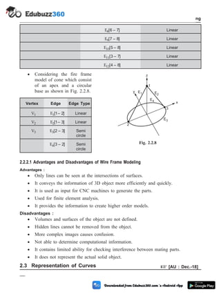 E8[ – ]
6 7 Linear
E9[ – ]
7 8 Linear
E10[ – ]
5 8 Linear
E11[ – ]
3 7 Linear
E12[ – ]
4 8 Linear
· Considering the fire frame
model of cone which consist
of an apex and a circular
base as shown in Fig. 2.2.8.
Vertex Edge Edge Type
V1 E1[ – ]
1 2 Linear
V2 E2[ – ]
1 3 Linear
V3 E3[ – ]
2 3 Semi
circle
E4[ – ]
3 2 Semi
circle
2.2.2.1 Advantages and Disadvantages of Wire Frame Modeling
Advantages :
· Only lines can be seen at the intersections of surfaces.
· It conveys the information of 3D object more efficiently and quickly.
· It is used as input for CNC machines to generate the parts.
· Used for finite element analysis.
· It provides the information to create higher order models.
Disadvantages :
· Volumes and surfaces of the object are not defined.
· Hidden lines cannot be removed from the object.
· More complex images causes confusion.
· Not able to determine computational information.
· It contains limited ability for checking interference between mating parts.
· It does not represent the actual solid object.
2.3 Representation of Curves + [AU : Dec.-18]
2 - 7 Computer Aided Design and Manufacturing
Geometric Modeling
y E1 E2
E4
2
3
x
E3
z
1
Fig. 2.2.8
 
