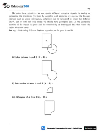 By using these primitives we can obtain different geometric objects by adding or
subtracting the primitives. To form the complex solid geometry we can use the Boolean
operator such as union, intersection, difference can be performed to obtain the different
object. But to form the solid model we should have geometric data i.e. the coordinate
position of the object in space and the connectivity or topological data that relates the
object with each other.
For e.g. : Performing different Boolean operation on the parts A and B.
i) Union between A and B (A È B) :
ii) Intersection between A and B (A Ç B) :
iii) Difference of A from B (A – B) :
2 - 32 Computer Aided Design and Manufacturing
Geometric Modeling
A
B
 