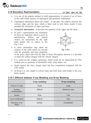 2.18 Boundary Representation + [AU : Dec.-16, 18]
· It is one of the popular method of solid representation. It consist of set of faces
in the solid which requires its topological and geometric information.
· Topological information about the model : It provides the relation between the
vertices, edges and the faces which is been used in wire frame model. It also
included the orientation of edges and faces.
· Geometric information : It provides the equation of the edges and the faces.
· In such a representation the orientation
of faces are important which is given in
anticlockwise fashion and normal
vectors are represented by the right
hand thumb rule as shown in the
Fig. 2.18.1.
· It stores information only about the
surfaces of the solid which can provide
with the geometric and mass properties
of the given object and with the help of Gauss Divergence theorem it is possible
to relate the surface integral with the volume integral.
· It is useful for the complex geometries which could not be represented by CSG
method such as geometry of automobile body, wing shapes, etc.
· B-rep requires the more storage space but less computation compared with the
CSG model.
· In B-rep it is very simple to convert back and forth from solid model to the wire
frame model.
2.18.1 Different between C-rep Modeling and B-rep Modeling
C-rep modeling B-rep modeling
Amount of data Small Large
Surface
representation
Difficult Relatively easy
Speed Slow Fast
Local modification Difficult Easy
Structure of an
object
Simple Complicated
2 - 35 Computer Aided Design and Manufacturing
Geometric Modeling
4
3
2
7
6
5
1
Fig. 2.18.1
 
