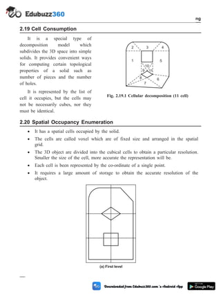 2.19 Cell Consumption
It is a special type of
decomposition model which
subdivides the 3D space into simple
solids. It provides convenient ways
for computing certain topological
properties of a solid such as
number of pieces and the number
of holes.
It is represented by the list of
cell it occupies, but the cells may
not be necessarily cubes, nor they
must be identical.
2.20 Spatial Occupancy Enumeration
· It has a spatial cells occupied by the solid.
· The cells are called voxel which are of fixed size and arranged in the spatial
grid.
· The 3D object are divided into the cubical cells to obtain a particular resolution.
Smaller the size of the cell, more accurate the representation will be.
· Each cell is been represented by the co-ordinate of a single point.
· It requires a large amount of storage to obtain the accurate resolution of the
object.
2 - 36 Computer Aided Design and Manufacturing
Geometric Modeling
7
8 6
5
1
2 3 4
9 11
10
Fig. 2.19.1 Cellular decomposition (11 cell)
(a) First level
 