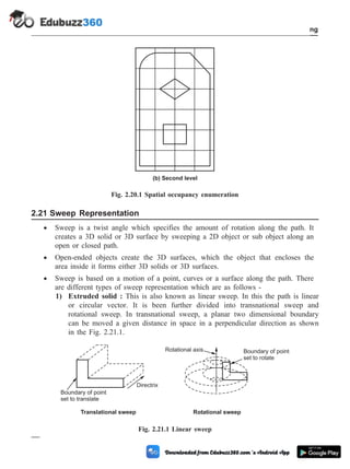 2.21 Sweep Representation
· Sweep is a twist angle which specifies the amount of rotation along the path. It
creates a 3D solid or 3D surface by sweeping a 2D object or sub object along an
open or closed path.
· Open-ended objects create the 3D surfaces, which the object that encloses the
area inside it forms either 3D solids or 3D surfaces.
· Sweep is based on a motion of a point, curves or a surface along the path. There
are different types of sweep representation which are as follows -
1) Extruded solid : This is also known as linear sweep. In this the path is linear
or circular vector. It is been further divided into transnational sweep and
rotational sweep. In transnational sweep, a planar two dimensional boundary
can be moved a given distance in space in a perpendicular direction as shown
in the Fig. 2.21.1.
2 - 37 Computer Aided Design and Manufacturing
Geometric Modeling
(b) Second level
Fig. 2.20.1 Spatial occupancy enumeration
Directrix
Boundary of point
set to translate
Translational sweep
Rotational axis Boundary of point
set to rotate
Rotational sweep
Fig. 2.21.1 Linear sweep
 