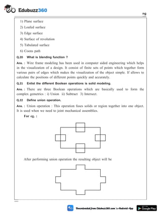 1) Plane surface
2) Loafed surface
3) Edge surface
4) Surface of revolution
5) Tabulated surface
6) Coons path
Q.20 What is blending function ?
Ans. : Wire frame modeling has been used in computer aided engineering which helps
in the visualization of a design. It consist of finite sets of points which together form
various pairs of edges which makes the visualization of the object simple. If allows to
calculate the positions of different points quickly and accurately.
Q.21 Enlist the different Boolean operations is solid modeling.
Ans. : There are three Boolean operations which are basically used to form the
complex gemetrics : i) Union ii) Subtract 3) Intersect.
Q.22 Define union operation.
Ans. : Union operation : This operation fuses solids or region together into one object.
It is used when we need to joint mechanical assemblies.
For eg. :
After performing union operation the resulting object will be
2 - 42 Computer Aided Design and Manufacturing
Geometric Modeling
 