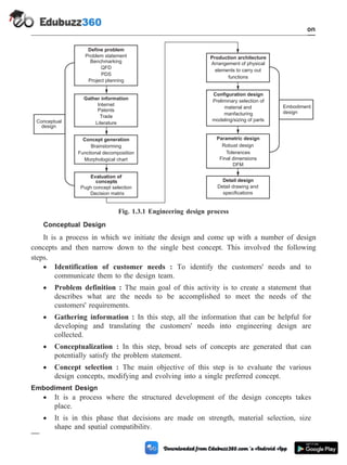 Conceptual Design
It is a process in which we initiate the design and come up with a number of design
concepts and then narrow down to the single best concept. This involved the following
steps.
· Identification of customer needs : To identify the customers' needs and to
communicate them to the design team.
· Problem definition : The main goal of this activity is to create a statement that
describes what are the needs to be accomplished to meet the needs of the
customers' requirements.
· Gathering information : In this step, all the information that can be helpful for
developing and translating the customers' needs into engineering design are
collected.
· Conceptualization : In this step, broad sets of concepts are generated that can
potentially satisfy the problem statement.
· Concept selection : The main objective of this step is to evaluate the various
design concepts, modifying and evolving into a single preferred concept.
Embodiment Design
· It is a process where the structured development of the design concepts takes
place.
· It is in this phase that decisions are made on strength, material selection, size
shape and spatial compatibility.
1 - 6 Computer Aided Design and Manufacturing
Introduction
Define problem
Problem statement
Benchmarking
QFD
PDS
Project planning
Gather information
Internet
Patents
Trade
Literature
Concept generation
Brainstorming
Functional decomposition
Morphological chart
Evaluation of
concepts
Pugh concept selection
Decision matrix
Conceptual
design
Production architecture
Configuration design
Parametric design
Detail design
Arrangement of physical
Preliminary selection of
Robust design
Detail drawing and
specifications
elements to carry out
material and
Tolerances
functions
manfacturing
Final dimensions
modeling/sizing of parts
DFM
Embodiment
design
Fig. 1.3.1 Engineering design process
 