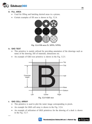 iii. FILL AREA
· Used for filling and hatching desired areas in a picture.
· Certain examples of fill area is shown in Fig. 3.2.4.
iv. GKS TEXT
· This primitive is mainly utilized for providing annotation of the drawings such as
name of the drawing, bill of materials, dimensions etc.
· An example of GKS text primitive is shown in the Fig. 3.2.5.
v. GKS CELL ARRAY
· This primitive is used to plot the raster image corresponding to pixels.
· An example for GKS cell array is shown in the Fig. 3.2.6.
· An example of utilization of GKS primitives for the drawing of a duck is shown
in the Fig. 3.2.7.
3 - 7 Computer Aided Design and Manufacturing
CAD Standards
Fig. 3.2.4 Fill area (N, XPTS, YPTS)
B
Character
height
Top
Cap
Half
Base
Bottom
Left Right
Center
Fig. 3.2.5 GKS text
 