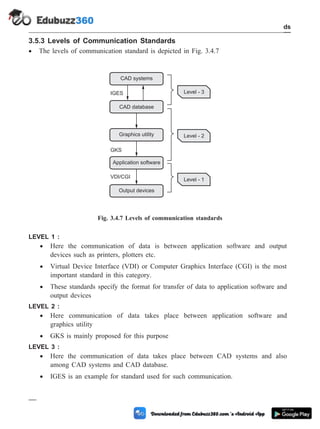 3.5.3 Levels of Communication Standards
· The levels of communication standard is depicted in Fig. 3.4.7
LEVEL 1 :
· Here the communication of data is between application software and output
devices such as printers, plotters etc.
· Virtual Device Interface (VDI) or Computer Graphics Interface (CGI) is the most
important standard in this category.
· These standards specify the format for transfer of data to application software and
output devices
LEVEL 2 :
· Here communication of data takes place between application software and
graphics utility
· GKS is mainly proposed for this purpose
LEVEL 3 :
· Here the communication of data takes place between CAD systems and also
among CAD systems and CAD database.
· IGES is an example for standard used for such communication.
3 - 30 Computer Aided Design and Manufacturing
CAD Standards
CAD systems
CAD database
Graphics utility
Output devices
VDI/CGI
GKS
IGES
Application software
Level - 3
Level - 2
Level - 1
Fig. 3.4.7 Levels of communication standards
 