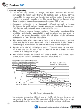 Concurrent Engineering
· Due to the large number of changes, and hence iterations, the product's
introduction to market gets delayed. In addition, each re-design, re-work,
re-assembly etc. incurs cost, and therefore the resulting product is costlier than
what it was originally thought to be. The market share is lost because of the
delay in product's introduction to market, and customer faith is lost.
· Concurrent engineering is a dramatically different approach to product
development in which various life-cycle aspects are considered simultaneously
right from the early stages of design as shown in Fig. 1.4.2.
· These life-cycle aspects include product's functionality, manufacturability,
testability, assimilability, maintainability, and everything else that could be
affected by the design. In addition, various life-cycle phases overlap each other,
and there in no "wall" between these phases.
· The completion of a previous life-cycle phase is not a pre-requisite for the start
of the next life-cycle phase. In addition, there is a continuous feedback between
these life-cycle phases so that the conflicts are detected as soon as possible.
· The concurrent approach results in less number of changes during the later phases
of product life-cycle, because of the fact that the life-cycle aspects are being
considered all through the design.
· The benefits achieved are reduced lead times to market, reduced cost, higher
quality, greater customer satisfaction, increased market share etc.
· In concurrent engineering, different tasks are tackled at the same time, and not
necessarily in the usual order. This means that info found out later in the process
can be added to earlier parts, improving them, and also saving a lot of time.
1 - 10 Computer Aided Design and Manufacturing
Introduction
Life - cycle phases
Requirements Analysis
Detailed Design
Preliminary Design
Manufacturing
Assembly
Testing
Installation
Life Cycle Aspects (Electrical, Mechanical
Survicing, Assembiability, Recyclability, etc.)
Time
Feedback loops between
different life - cycle phases
Fig. 1.4.2 Concurrent engineering
 