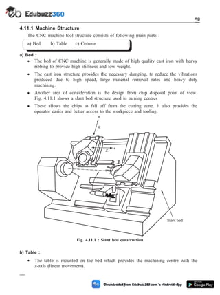 4.11.1 Machine Structure
The CNC machine tool structure consists of following main parts :
a) Bed b) Table c) Column
a) Bed :
· The bed of CNC machine is generally made of high quality cast iron with heavy
ribbing to provide high stiffness and low weight.
· The cast iron structure provides the necessary damping, to reduce the vibrations
produced due to high speed, large material removal rates and heavy duty
machining.
· Another area of consideration is the design from chip disposal point of view.
Fig. 4.11.1 shows a slant bed structure used in turning centres
· These allows the chips to fall off from the cutting zone. It also provides the
operator easier and better access to the workpiece and tooling.
b) Table :
· The table is mounted on the bed which provides the machining centre with the
z-axis (linear movement).
4 - 16 Computer Aided Design and Manufacturing
Fundamental of CNC and Part Programming
–
+
Z
–
+
X
Slant bed
Fig. 4.11.1 : Slant bed construction
 