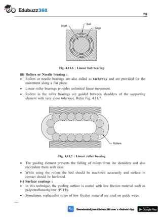 iii) Rollers or Needle bearing :
· Rollers or needle bearings are also called as tachoway and are provided for the
movement along a flat plane.
· Linear roller bearings provides unlimited linear movement.
· Rollers in the roller bearings are guided between shoulders of the supporting
element with very close tolerance. Refer Fig. 4.11.7.
· The guiding element prevents the falling of rollers from the shoulders and also
recirculate them with ease.
· While using the rollers the bed should be machined accurately and surface in
contact should be hardened.
iv) Surface coatings :
· In this technique, the guiding surface is coated with low friction material such as
polytetrafluroethylene (PTFE).
· Sometimes, replaceable strips of low friction material are used on guide ways.
4 - 23 Computer Aided Design and Manufacturing
Fundamental of CNC and Part Programming
Rollers
Fig. 4.11.7 : Linear roller bearing
Shaft
Ball
Cage
Fig. 4.11.6 : Linear ball bearing
 