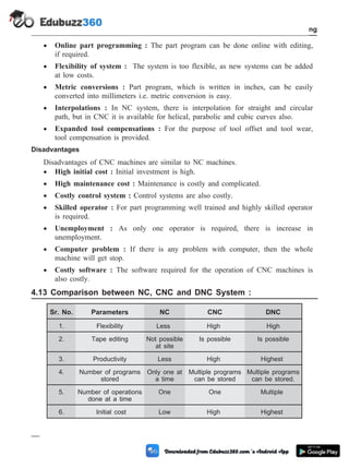 · Online part programming : The part program can be done online with editing,
if required.
· Flexibility of system : The system is too flexible, as new systems can be added
at low costs.
· Metric conversions : Part program, which is written in inches, can be easily
converted into millimeters i.e. metric conversion is easy.
· Interpolations : In NC system, there is interpolation for straight and circular
path, but in CNC it is available for helical, parabolic and cubic curves also.
· Expanded tool compensations : For the purpose of tool offset and tool wear,
tool compensation is provided.
Disadvantages
Disadvantages of CNC machines are similar to NC machines.
· High initial cost : Initial investment is high.
· High maintenance cost : Maintenance is costly and complicated.
· Costly control system : Control systems are also costly.
· Skilled operator : For part programming well trained and highly skilled operator
is required.
· Unemployment : As only one operator is required, there is increase in
unemployment.
· Computer problem : If there is any problem with computer, then the whole
machine will get stop.
· Costly software : The software required for the operation of CNC machines is
also costly.
4.13 Comparison between NC, CNC and DNC System :
Sr. No. Parameters NC CNC DNC
1. Flexibility Less High High
2. Tape editing Not possible
at site
Is possible Is possible
3. Productivity Less High Highest
4. Number of programs
stored
Only one at
a time
Multiple programs
can be stored
Multiple programs
can be stored.
5. Number of operations
done at a time
One One Multiple
6. Initial cost Low High Highest
4 - 29 Computer Aided Design and Manufacturing
Fundamental of CNC and Part Programming
 
