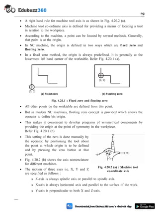 · A right hand rule for machine tool axis is as shown in Fig. 4.20.2 (a).
· Machine tool co-ordinate axis is defined for providing a means of locating a tool
in relation to the workpiece.
· According to the machine, a point can be located by several methods. Generally,
that point is at the origin.
· In NC machine, the origin is defined in two ways which are fixed zero and
floating zero.
· In a fixed zero method, the origin is always predefined. It is generally at the
lowermost left hand corner of the worktable. Refer Fig. 4.20.1 (a).
· All other points on the worktable are defined from this point.
· But in modern NC machines, floating zero concept is provided which allows the
operator to define his origin.
· This makes it convenient to develop programs of symmetrical components by
providing the origin at the point of symmetry in the workpiece.
Refer Fig. 4.20.1 (b).
· This setting of the zero is done manually by
the operator, by positioning the tool about
the point at which origin is to be defined
and by pressing the zero button at that
point.
· Fig. 4.20.2 (b) shows the axis nomenclature
for different machines.
· The motion of three axes i.e. X, Y and Z
are specified as follows :
m Z-axis is always spindle axis or parallel to spindle axis.
m X-axis is always horizontal axis and parallel to the surface of the work.
m Y-axis is perpendicular to both X and Z-axis.
4 - 37 Computer Aided Design and Manufacturing
Fundamental of CNC and Part Programming
(0, 0)
(0, 0)
(a) Fixed zero (b) Floating zero
Fig. 4.20.1 : Fixed zero and floating zero
Fig. 4.20.2 (a) : Machine tool
co-ordinate axis
 