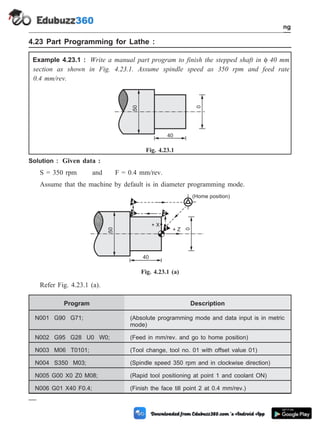 4.23 Part Programming for Lathe :
Example 4.23.1 : Write a manual part program to finish the stepped shaft in f 40 mm
section as shown in Fig. 4.23.1. Assume spindle speed as 350 rpm and feed rate
0.4 mm/rev.
Solution : Given data :
S = 350 rpm and F = 0.4 mm/rev.
Assume that the machine by default is in diameter programming mode.
Refer Fig. 4.23.1 (a).
Program Description
N001 G90 G71; (Absolute programming mode and data input is in metric
mode)
N002 G95 G28 U0 W0; (Feed in mm/rev. and go to home position)
N003 M06 T0101; (Tool change, tool no. 01 with offset value 01)
N004 S350 M03; (Spindle speed 350 rpm and in clockwise direction)
N005 G00 X0 Z0 M08; (Rapid tool positioning at point 1 and coolant ON)
N006 G01 X40 F0.4; (Finish the face till point 2 at 0.4 mm/rev.)
4 - 50 Computer Aided Design and Manufacturing
Fundamental of CNC and Part Programming
50
0
40
Fig. 4.23.1
50
0
40
4
3 2
1
+ X
+ Z
(Home position)
Fig. 4.23.1 (a)
 