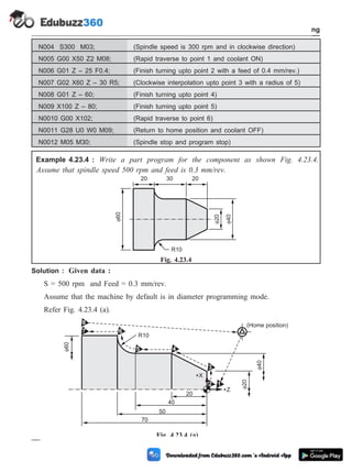 N004 S300 M03; (Spindle speed is 300 rpm and in clockwise direction)
N005 G00 X50 Z2 M08; (Rapid traverse to point 1 and coolant ON)
N006 G01 Z – 25 F0.4; (Finish turning upto point 2 with a feed of 0.4 mm/rev.)
N007 G02 X60 Z – 30 R5; (Clockwise interpolation upto point 3 with a radius of 5)
N008 G01 Z – 60; (Finish turning upto point 4)
N009 X100 Z – 80; (Finish turning upto point 5)
N0010 G00 X102; (Rapid traverse to point 6)
N0011 G28 U0 W0 M09; (Return to home position and coolant OFF)
N0012 M05 M30; (Spindle stop and program stop)
Example 4.23.4 : Write a part program for the component as shown Fig. 4.23.4.
Assume that spindle speed 500 rpm and feed is 0.3 mm/rev.
Solution : Given data :
S = 500 rpm and Feed = 0.3 mm/rev.
Assume that the machine by default is in diameter programming mode.
Refer Fig. 4.23.4 (a).
4 - 54 Computer Aided Design and Manufacturing
Fundamental of CNC and Part Programming
60
20
40
20 30 20
R10
Fig. 4.23.4
7
8
6
5 4
3
2 1
60
R10
20
40
50
70
(Home position)
20
40
+X
+Z
Fig. 4.23.4 (a)
 