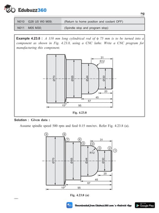 N010 G28 U0 W0 M09; (Return to home position and coolant OFF)
N011 M05 M30; (Spindle stop and program stop)
Example 4.23.8 : A 110 mm long cylindrical rod of f 75 mm is to be turned into a
component as shown in Fig. 4.23.8, using a CNC lathe. Write a CNC program for
manufacturing this component.
Solution : Given data :
Assume spindle speed 500 rpm and feed 0.15 mm/rev. Refer Fig. 4.23.8 (a).
4 - 60 Computer Aided Design and Manufacturing
Fundamental of CNC and Part Programming
Ø
70
R12
31
Ø
55
Ø
55
Ø
44
Ø
44
Ø
30
20
45
67
95
15º
Fig. 4.23.8
Ø
70
R12
31
Ø
55
Ø
55
Ø
44
Ø
44
Ø
30
20
45
67
95
15º
2
1
3
4
5
6
7
8
9
Fig. 4.23.8 (a)
 