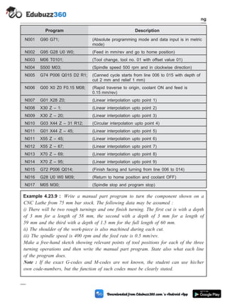 Program Description
N001 G90 G71; (Absolute programming mode and data input is in metric
mode)
N002 G95 G28 U0 W0; (Feed in mm/rev and go to home position)
N003 M06 T0101; (Tool change, tool no. 01 with offset value 01)
N004 S500 M03; (Spindle speed 500 rpm and in clockwise direction)
N005 G74 P006 Q015 D2 R1; (Canned cycle starts from line 006 to 015 with depth of
cut 2 mm and relief 1 mm)
N006 G00 X0 Z0 F0.15 M08; (Rapid traverse to origin, coolant ON and feed is
0.15 mm/rev)
N007 G01 X28 Z0; (Linear interpolation upto point 1)
N008 X30 Z – 1; (Linear interpolation upto point 2)
N009 X30 Z – 20; (Linear interpolation upto point 3)
N010 G03 X44 Z – 31 R12; (Circular interpolation upto point 4)
N011 G01 X44 Z – 45; (Linear interpolation upto point 5)
N011 X55 Z – 45; (Linear interpolation upto point 6)
N012 X55 Z – 67; (Linear interpolation upto point 7)
N013 X70 Z – 69; (Linear interpolation upto point 8)
N014 X70 Z – 95; (Linear interpolation upto point 9)
N015 G72 P006 Q014; (Finish facing and turning from line 006 to 014)
N016 G28 U0 W0 M09; (Return to home position and coolant OFF)
N017 M05 M30; (Spindle stop and program stop)
Example 4.23.9 : Write a manual part program to turn the component shown on a
CNC Lathe from 75 mm bar stock. The following data may be assumed :
i) There will be two rough turnings and one finish turning. The first cut is with a depth
of 3 mm for a length of 58 mm, the second with a depth of 3 mm for a length of
59 mm and the third with a depth of 1.5 mm for the full length of 60 mm.
ii) The shoulder of the work-piece is also machined during each cut.
iii) The spindle speed is 400 rpm and the feed rate is 0.5 mm/rev.
Make a free-hand sketch showing relevant points of tool positions for each of the three
turning operations and then write the manual part program. State also what each line
of the program does.
Note : If the exact G-codes and M-codes are not known, the student can use his/her
own code-numbers, but the function of such codes must be clearly stated.
4 - 61 Computer Aided Design and Manufacturing
Fundamental of CNC and Part Programming
 