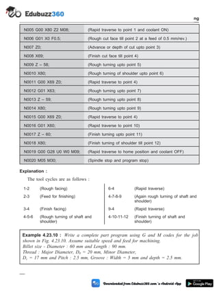 N005 G00 X80 Z2 M08; (Rapid traverse to point 1 and coolant ON)
N006 G01 X0 F0.5; (Rough cut face till point 2 at a feed of 0.5 mm/rev.)
N007 Z0; (Advance or depth of cut upto point 3)
N008 X69; (Finish cut face till point 4)
N009 Z – 58; (Rough turning upto point 5)
N0010 X80; (Rough turning of shoulder upto point 6)
N0011 G00 X69 Z0; (Rapid traverse to point 4)
N0012 G01 X63; (Rough turning upto point 7)
N0013 Z – 59; (Rough turning upto point 8)
N0014 X80; (Rough turning upto point 9)
N0015 G00 X69 Z0; (Rapid traverse to point 4)
N0016 G01 X60; (Rapid traverse to point 10)
N0017 Z – 60; (Finish turning upto point 11)
N0018 X80; (Finish turning of shoulder till point 12)
N0019 G00 G28 U0 W0 M09; (Rapid traverse to home position and coolant OFF)
N0020 M05 M30; (Spindle stop and program stop)
Explanation :
The tool cycles are as follows :
1-2 (Rough facing) 6-4 (Rapid traverse)
2-3 (Feed for finishing) 4-7-8-9 (Again rough turning of shaft and
shoulder)
3-4 (Finish facing) 9-4 (Rapid traverse)
4-5-6 (Rough turning of shaft and
shoulder)
4-10-11-12 (Finish turning of shaft and
shoulder)
Example 4.23.10 : Write a complete part program using G and M codes for the job
shown in Fig. 4.23.10. Assume suitable speed and feed for machining.
Billet size - Diameter : 60 mm and Length : 90 mm.
Thread : Major Diameter, D0 = 20 mm, Minor Diameter,
Dc = 17 mm and Pitch : 2.5 mm, Groove : Width = 5 mm and depth = 2.5 mm.
4 - 63 Computer Aided Design and Manufacturing
Fundamental of CNC and Part Programming
 