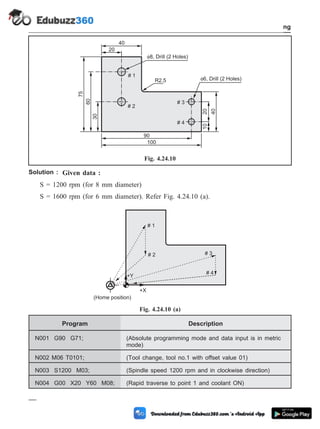 Solution : Given data :
S = 1200 rpm (for 8 mm diameter)
S = 1600 rpm (for 6 mm diameter). Refer Fig. 4.24.10 (a).
Program Description
N001 G90 G71; (Absolute programming mode and data input is in metric
mode)
N002 M06 T0101; (Tool change, tool no.1 with offset value 01)
N003 S1200 M03; (Spindle speed 1200 rpm and in clockwise direction)
N004 G00 X20 Y60 M08; (Rapid traverse to point 1 and coolant ON)
4 - 81 Computer Aided Design and Manufacturing
Fundamental of CNC and Part Programming
30
60
75
20
40
R2.5
90
100
10
20
40
8, Drill (2 Holes)
6, Drill (2 Holes)
# 1
# 2
# 3
# 4
Fig. 4.24.10
# 1
# 2 # 3
# 4
(Home position)
+X
+Y
Fig. 4.24.10 (a)
 