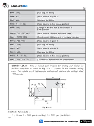N005 M00; (Auto-stop for drilling)
N006 Y30; (Rapid traverse to point 2)
N007 M00; (Auto-stop for drilling)
N008 X – 10 Y0; (Rapid traverse to tool change position)
N009 M00; (Change of drill tool from 8 mm diameter to
6 mm diameter)
N0010 G00 G90 G71; (Rapid traverse, absolute and metric mode)
N0011 S1600 M03; (Spindle speed 1600 rpm and in clockwise direction)
N0012 X90 Y30; (Rapid traverse to point 3)
N0013 M00; (Auto-stop for drilling)
N0014 Y10; (Rapid traverse to point 4)
N0015 M00; (Auto-stop for drilling)
N0016 X – 10 Y0; (Rapid traverse to tool change position)
N0017 M09 M05 M30; (Coolant OFF, spindle stop and program stop).
Example 4.24.11 : Write a manual part program for drilling and milling the
machine component as shown in Fig. 4.24.11. Assume 10 mm diameter milling
cutter. Take spindle speed 2000 rpm (for milling) and 3000 rpm (for drilling). Feed
1400 mm/min.
Solution : Given data :
D = 10 mm, S = 2000 rpm (for milling), S = 3000 rpm (for drilling),
4 - 82 Computer Aided Design and Manufacturing
Fundamental of CNC and Part Programming
60
30
15
15
60
80
90
50
15
30
8 Typ. R5 Typ.
Fig. 4.24.11
 