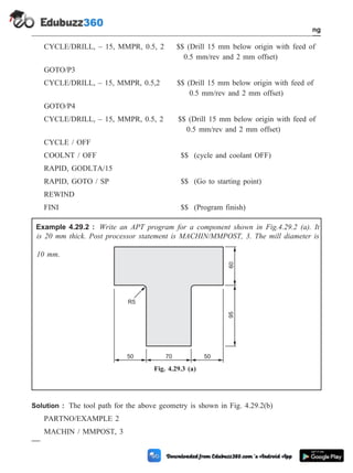 CYCLE/DRILL, – 15, MMPR, 0.5, 2 $$ (Drill 15 mm below origin with feed of
0.5 mm/rev and 2 mm offset)
GOTO/P3
CYCLE/DRILL, – 15, MMPR, 0.5,2 $$ (Drill 15 mm below origin with feed of
0.5 mm/rev and 2 mm offset)
GOTO/P4
CYCLE/DRILL, – 15, MMPR, 0.5, 2 $$ (Drill 15 mm below origin with feed of
0.5 mm/rev and 2 mm offset)
CYCLE / OFF
COOLNT / OFF $$ (cycle and coolant OFF)
RAPID, GODLTA/15
RAPID, GOTO / SP $$ (Go to starting point)
REWIND
FINI $$ (Program finish)
Example 4.29.2 : Write an APT program for a component shown in Fig.4.29.2 (a). It
is 20 mm thick. Post processor statement is MACHIN/MMPOST, 3. The mill diameter is
10 mm.
Solution : The tool path for the above geometry is shown in Fig. 4.29.2(b)
PARTNO/EXAMPLE 2
MACHIN / MMPOST, 3
4 - 102 Computer Aided Design and Manufacturing
Fundamental of CNC and Part Programming
R5
50 70
95
60
50
Fig. 4.29.3 (a)
 