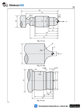 4 - 109 Computer Aided Design and Manufacturing
Fundamental of CNC and Part Programming
80
70
19
21
49
61
+X
+Z
R9
26
18
24
20
R4.5
51
Fig. 4.1 (c)
+X
+Z
R20
50
10
Fig. 4.1 (d)
R5
2×45º 2×45º
R40
50
36
40
7
15
22
42
47
Fig. 4.1 (e)
 