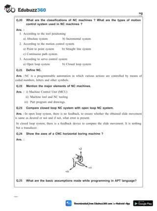Q.20 What are the classifications of NC machines ? What are the types of motion
control system used in NC machines ?
Ans. :
1. According to the tool positioning
a) Absolute system b) Incremental system
2. According to the motion control system
a) Point to point system b) Straight line system
c) Continuous path system.
3. According to servo control system
a) Open loop system b) Closed loop system
Q.21 Define NC.
Ans. : NC is a programmable automation in which various actions are controlled by means of
coded numbers, letters and other symbols.
Q.22 Mention the major elements of NC machines.
Ans. : i) Machine Control Unit (MCU)
ii) Machine tool and NC tooling
iii) Part program and drawings.
Q.23 Compare closed loop NC system with open loop NC system.
Ans. : In open loop system, there is no feedback, to ensure whether the obtained slide movement
is same as desired or not and if not, what error is present.
In closed loop system, there is a feedback device to compare the slide movement. It is nothing
but a transducer.
Q.24 Show the axes of a CNC horizontal boring machine ?
Ans. :
Q.25 What are the basic assumptions made while programming in APT language?
4 - 114 Computer Aided Design and Manufacturing
Fundamental of CNC and Part Programming
+X
+Y
+Z
 