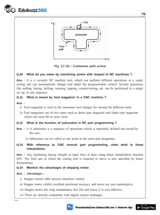 Q.30 What do you mean by machining centre with respect to NC machines ?
Ans. : It is a versatile NC machine tool, which can perform different operations in a single
setting and can automatically change tool under the programmable control. Several operations
like milling, boring, drilling, reaming, tapping, counter-boring, etc. can be performed in a single
set up, in any sequence.
Q.31 What is meant by 'tool magazine' in a CNC machine ?
Ans. :
i) Tool magazine is used in the automatic tool changer for storing the different tools.
ii) Tool magazines are of two types such as drum type magazine and chain type magazine
which can store 60 or more tools.
Q.32 What is the function of subroutine in NC part programming ?
Ans. : i) A subroutine is a sequence of operations which is seperately defined and stored by
the user.
ii) Subroutine can be called at any point in the main part programes.
Q.33 With reference to CNC manual part programming, state what is linear
interpolation.
Ans. : Any machining during straight or taper lines is done using linear interpolation function
G01. The feed rate at which the cutting tool is required to move is also specified by linear
interpolation.
Q.34 Mention the advantages of stepping motor.
Ans. : Advantages :
i) Stepper motors offer precise rototation control.
ii) Stepper motor exhibit excellent positional accuracy and errors are non cummulative.
iii) Stepper motor has long maintenance free life and hence it is cost effective.
iv) These are directly compatible with digital control technique.
4 - 116 Computer Aided Design and Manufacturing
Fundamental of CNC and Part Programming
Fig. 4.2 (b) : Continuous path system
 