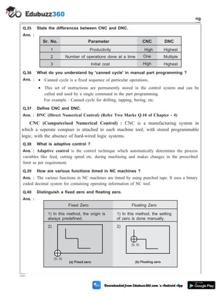 Q.35 State the differences between CNC and DNC.
Ans. :
Sr. No. Parameter CNC DNC
1 Productivity High Highest
2 Number of operations done at a time One Multiple
3 Initial cost High Highest
Q.36 What do you understand by 'canned cycle' in manual part programming ?
Ans. : · Canned cycle is a fixed sequence of particular operations.
· This set of instructions are permanently stored in the control system and can be
called and used by a single command in the part programming.
For example : Canned cycle for drilling, tapping, boring, etc.
Q.37 Define CNC and DNC.
Ans. : DNC (Direct Numerical Control) (Refer Two Marks Q.10 of Chapter - 4)
CNC (Computerised Numerical Control) : CNC is a manufacturing system in
which a seperate compuer is attached to each machine tool, with stored programmable
logic, with the absence of hard-wired logic systems.
Q.38 What is adaptive control ?
Ans. : Adaptive control is the control technique which automatically determines the process
variables like feed, cutting speed etc. during machining and makes changes in the prescribed
limit as per requirement.
Q.39 How are various functions timed in NC machines ?
Ans. : The various functions in NC machines are timed by using punched tape. It uses a binary
coded decimal system for containing operating information of NC tool.
Q.40 Distinguish a fixed zero and floating zero.
Ans. :
Fixed Zero Floating Zero
1) In this method, the origin is
always predefined.
1) In this method, the setting
of zero is done manually.
2) 2)
4 - 117 Computer Aided Design and Manufacturing
Fundamental of CNC and Part Programming
(0, 0)
(a) Fixed zero
(0, 0)
(b) Floating zero
 