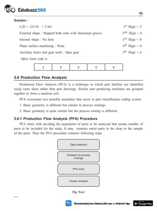 Solution :
L/D = 121/36 = 3.361 1st Digit = 2
External shape : Stepped both ends with functional groove 2nd Digit = 6
Internal shape : No hole 3rd Digit = 0
Plane surface machining : None 4th Digit = 0
Auxiliary holes and gear teeth : Spur gear 5th Digit = 6
Optiz form code is
2 6 0 0 6
5.6 Production Flow Analysis
Production Flow Analysis (PFA) is a technique in which part families are identified
using route sheet rather than part drawings. Similar part producing machines are grouped
together to form a machine cell.
PFA overcomes two possible anomalies that occur in part classification coding system
1. Basic geometry is different but similar in process routings.
2. Basic geometry is quite similar but the process routing is different.
5.6.1 Production Flow Analysis (PFA) Procedure
PFA starts with deciding the population of parts to be analyzed that means number of
parts to be included for the study. It may contains entire parts in the shop or the sample
of the parts. Then the PFA procedure contains following steps.
5 - 10 Computer Aided Design and Manufacturing
Cellular Manufacturing and Flexible Manufacturing System (FMS)
Data collection
Sortation of process
routings
PFA chart
Cluster analysis
Fig. 5.6.1
 