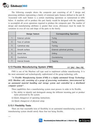 The following example shows the composite part consisting of all 7 design and
processing attributes representing a family of rotational parts features defined in the part B.
Associated with each feature is a certain machining operations as summarized in table
below. A machine cell to produce this part family would be designed with the capability
to accomplish all seven operations required to produce the composite part. The number of
design and manufacturing attributes is greater than seven, allowances must be made for
variations in over all size and shape of the parts in the family.
Design feature Corresponding Operation
1. External cylinder Turing
2. Face of cylinder Facing
3. Cylindrical step Turning
4. Smooth surface External cylindrical grinding
5. Axical hole Drilling
6. Counterbore Counterboring
7. Internal threads Tapping
5.13 Flexible Manufacturing System (FMS) + [AU : Dec.-16]
FMS is one of the Machine cell type used to implement cellular manufacturing. It is
the most automated and technologically sophisticated of the group technology cells.
"A Flexible Manufacturing System (FMS) is a highly automated Group Technology
(GT) Machine cell, consisting of a group of processing workstations, interconnected by
an automated material handling and storage system and controlled by a distributed
computer system".
Three capabilities that a manufacturing system must possess in order to be flexible,
i) The ability to identify and distinguish among the different incoming part or product
styles processed by the system.
ii) Quick changeover of operating instructions.
iii) Quick changeover of physical setup.
5.13.1 Flexibility Tests
There are four reasonable tests of flexibility in an automated manufacturing systems. A
manufacturing system should satisfy these four test being flexible.
5 - 25 Computer Aided Design and Manufacturing
Cellular Manufacturing and Flexible Manufacturing System (FMS)
 