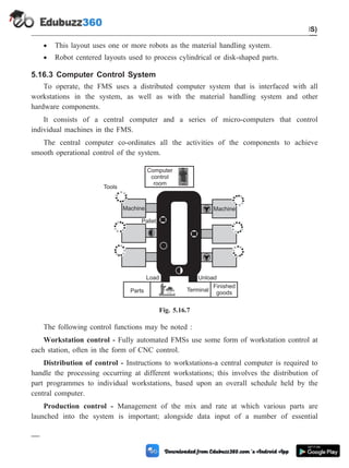 · This layout uses one or more robots as the material handling system.
· Robot centered layouts used to process cylindrical or disk-shaped parts.
5.16.3 Computer Control System
To operate, the FMS uses a distributed computer system that is interfaced with all
workstations in the system, as well as with the material handling system and other
hardware components.
It consists of a central computer and a series of micro-computers that control
individual machines in the FMS.
The central computer co-ordinates all the activities of the components to achieve
smooth operational control of the system.
The following control functions may be noted :
Workstation control - Fully automated FMSs use some form of workstation control at
each station, often in the form of CNC control.
Distribution of control - Instructions to workstations-a central computer is required to
handle the processing occurring at different workstations; this involves the distribution of
part programmes to individual workstations, based upon an overall schedule held by the
central computer.
Production control - Management of the mix and rate at which various parts are
launched into the system is important; alongside data input of a number of essential
5 - 38 Computer Aided Design and Manufacturing
Cellular Manufacturing and Flexible Manufacturing System (FMS)
Parts
Finished
goods
Terminal
Pallet
Tools
Load Unload
Computer
control
room
Machine
Machine
Fig. 5.16.7
 