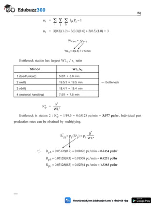 nt =
i j k
ijk j
f P 1
å å å -
nt = 3(0.2)(1.0) 3(0.3)(1.0) 3(0.5)(1.0)
+ + = 3
Bottleneck station has largest WL / s
i i ratio
Station WLi /si
1 (load/unload) 5.0/1 = 5.0 min
2 (mill) 19.5/1 = 19.5 min ¬ Bottleneck
3 (drill) 18.4/1 = 18.4 min
4 (material handling) 7.5/1 = 7.5 min
Rp
* =
s
WL
*
*
Bottleneck is station 2 : Rp
* = 1/19.5 = 0.05128 pc/min = 3.077 pc/hr. Individual part
production rates can be obtained by multiplying.
5 - 48 Computer Aided Design and Manufacturing
Cellular Manufacturing and Flexible Manufacturing System (FMS)
WL =
n+1 n t
t n+1
WL = 3(2.5) = 7.5 min
4
R = p (R* ) = p
*
pj j p j
S*
WL*
R = 0.05128(0.2) = 0.01026 pc/min =
pA 0.6154 pc/hr
b)
R = 0.05128(0.3) = 0.01538 pc/min =
pB 0.9231 pc/hr
R = 0.05128(0.5) = 0.02564 pc/min =
pC 1.5385 pc/hr
 