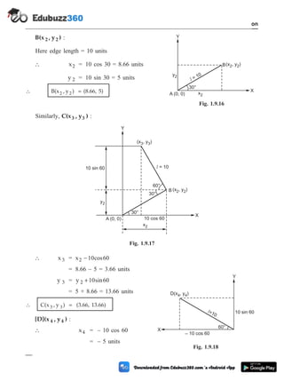 B(x , y )
2 2 :
Here edge length = 10 units
 x2 = 10 cos 30 = 8.66 units
y 2 = 10 sin 30 = 5 units
 B(x , y )
2 2 = (8.66, 5)
Similarly, C(x , y )
3 3 :
 x 3 = x2 -10 60
cos
= 8.66 – 5 = 3.66 units
y 3 = y 2 +10 60
sin
= 5 + 8.66 = 13.66 units
 C(x , y )
3 3 = (3.66, 13.66)
[D](x , y )
4 4 :
 x4 = – 10 cos 60
= – 5 units
1 - 37 Computer Aided Design and Manufacturing
Introduction
Y
A (0, 0)
X
y2
x2
l = 10
30°
(x , y )
2 2
B
Fig. 1.9.16
Y
A (0, 0)
X
y2
x2
(x , y )
2 2
(x , y )
3 3
10 sin 60
B
60°
30°
30°
l = 10
10 cos 60
Fig. 1.9.17
Y
X
l=10 10 sin 60
– 10 cos 60
D(x , y )
4 4
60°
Fig. 1.9.18
 