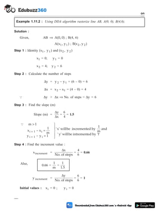 Example 1.11.2 : Using DDA algorithm rasterize line AB, A(0, 0), B(4,6).
Solution :
Given, AB Þ A(0, 0) ; B(4, 6)
A(x , y )
1 1 ; B(x , y )
2 2
Step 1 : Identity (x , y )
1 1 and (x , y )
2 2
x1 = 0; y1 = 0
x2 = 4; y 2 = 6
Step 2 : Calculate the number of steps
Dy = y y
2 1
- = (6 – 0) = 6
Dx = x x
2 1
- = (4 – 0) = 4
Q Dy > Dx Þ No. of steps = Dy = 6
Step 3 : Find the slope (m)
Slope (m) =
D
D
y
x
=
6
4
= 1.5
Q m 1
x x
1
m
y y = 1
i 1 i
i 1 i
>
- =
-
ü
ý
ï
þ
+
+
ï
'x' willbe incremented by
1
m
and
' y' willbe intremented by ' '
1
Step 4 : Find the increment value :
xincrement =
Dx
No. of steps
=
4
6
= 0.66
Also, 0.66 =
1
m
=
1
1.5
y increment =
Dy
No. of steps
=
6
6
= 1
Initial values : xi = 0 ; y i = 0
1 - 59 Computer Aided Design and Manufacturing
Introduction
 