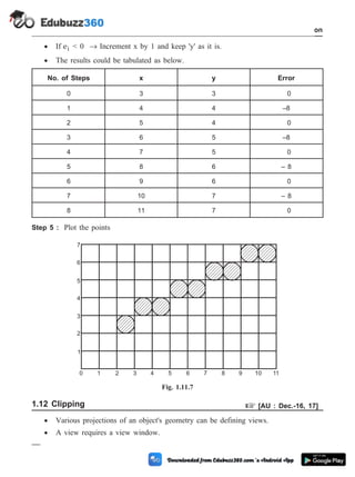 · If ei < 0 ® Increment x by 1 and keep 'y' as it is.
· The results could be tabulated as below.
No. of Steps x y Error
0 3 3 0
1 4 4 –8
2 5 4 0
3 6 5 –8
4 7 5 0
5 8 6 – 8
6 9 6 0
7 10 7 – 8
8 11 7 0
Step 5 : Plot the points
1.12 Clipping + [AU : Dec.-16, 17]
· Various projections of an object's geometry can be defining views.
· A view requires a view window.
1 - 62 Computer Aided Design and Manufacturing
Introduction
0 1 2 3 4 5 6 7 8 9 10 11
1
2
3
4
5
6
7
Fig. 1.11.7
 