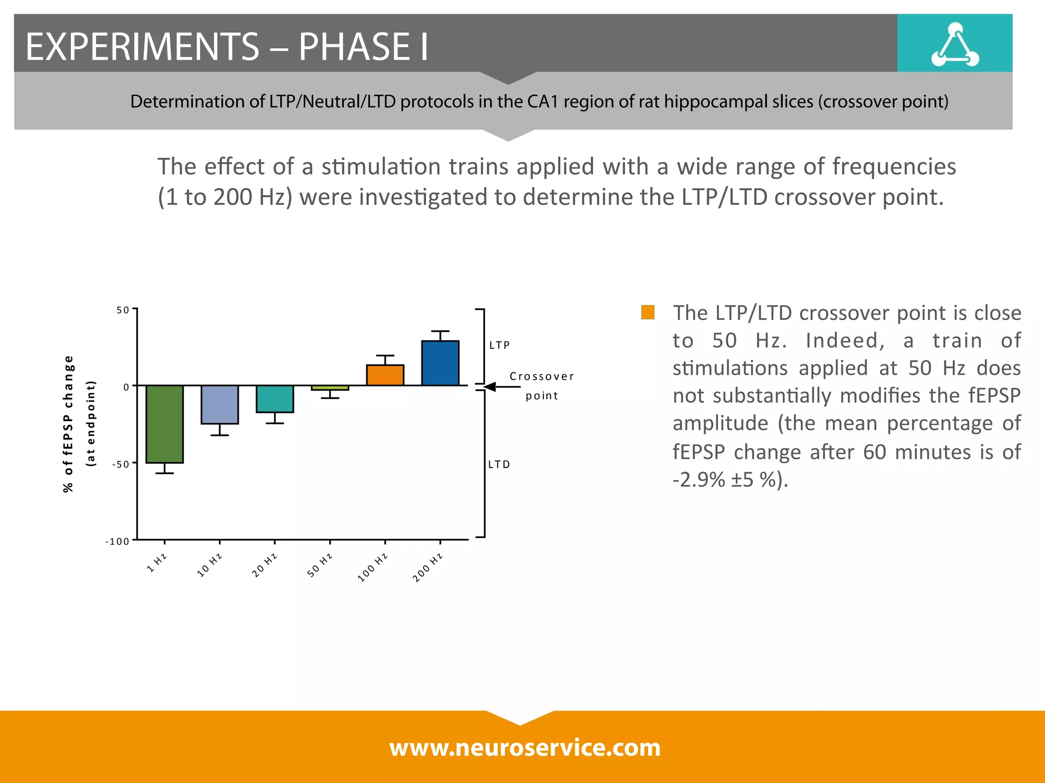 EXPERIMENTS – PHASE I 
Determination of LTP/Neutral/LTD protocols in the CA1 region of rat hippocampal slices (crossover point) 
The 
effect 
of 
a 
s*mula*on 
trains 
applied 
with 
a 
wide 
range 
of 
frequencies 
(1 
to 
200 
Hz) 
were 
inves*gated 
to 
determine 
the 
LTP/LTD 
crossover 
point. 
H z 
H z 
L T P 
C ro s s o v e r 
www.neuroservice.com 
The 
LTP/LTD 
crossover 
point 
is 
close 
to 
50 
Hz. 
Indeed, 
a 
train 
of 
s*mula*ons 
applied 
at 
50 
Hz 
does 
not 
substan*ally 
modifies 
the 
fEPSP 
amplitude 
(the 
mean 
percentage 
of 
fEPSP 
change 
aIer 
60 
minutes 
is 
of 
-­‐2.9% 
±5 
%). 
H z 
1 
H z 
10 
H z 
2 0 
H z 
50 
1 00 
2 00 
5 0 
0 
-­‐5 0 
-­‐1 0 0 
% o f fE P S P c h a n g e 
(a t e n d p o in t) 
L TD 
p o in t 
 