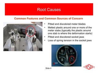 Slide 4
Root Causes
• Pitted and discolored meter blades
• Melted plastic around one or more of the
meter stabs (typically the plastic around
one stab is where the deformation starts)
• Pitted and discolored socket jaws
• Loss of spring tension in the socket jaws
Common Features and Common Sources of Concern
 