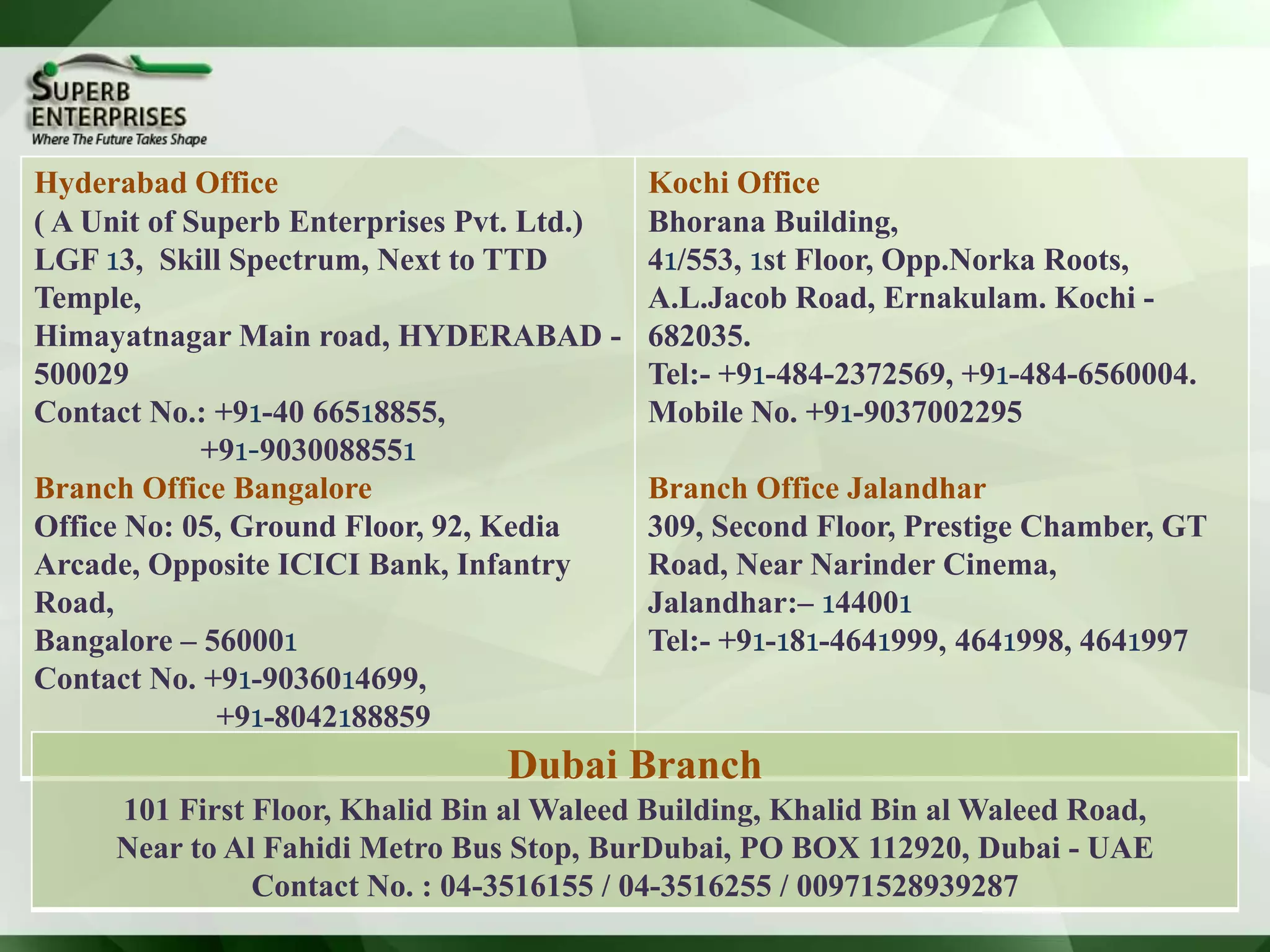 Hyderabad Office
( A Unit of Superb Enterprises Pvt. Ltd.)
LGF 13, Skill Spectrum, Next to TTD
Temple,
Himayatnagar Main road, HYDERABAD -
500029
Contact No.: +91-40 66518855,
+91-9030088551
Branch Office Bangalore
Office No: 05, Ground Floor, 92, Kedia
Arcade, Opposite ICICI Bank, Infantry
Road,
Bangalore – 560001
Contact No. +91-9036014699,
+91-8042188859
Kochi Office
Bhorana Building,
41/553, 1st Floor, Opp.Norka Roots,
A.L.Jacob Road, Ernakulam. Kochi -
682035.
Tel:- +91-484-2372569, +91-484-6560004.
Mobile No. +91-9037002295
Branch Office Jalandhar
309, Second Floor, Prestige Chamber, GT
Road, Near Narinder Cinema,
Jalandhar:– 144001
Tel:- +91-181-4641999, 4641998, 4641997
Dubai Branch
101 First Floor, Khalid Bin al Waleed Building, Khalid Bin al Waleed Road,
Near to Al Fahidi Metro Bus Stop, BurDubai, PO BOX 112920, Dubai - UAE
Contact No. : 04-3516155 / 04-3516255 / 00971528939287
 