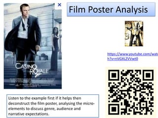 Film Poster Analysis
Listen to the example first if it helps then
deconstruct the film poster, analysing the micro-
elements to discuss genre, audience and
narrative expectations.
https://www.youtube.com/watc
h?v=nVGXLZVVwt0
 