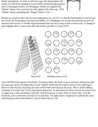 Bottle immediately. As there is still sme sugar, the fermentation will
restart. It is therefore mandatory to use bottles tolerating high pressure,
that is Champagne bottles. In Champagne, bottles are capped with
"bidule" (figure 16) to prevent any leak topped with a beer cap [V8].
"Bidule" means something like "thingy""bidule" [V8] ¡

Bottles are stored on their side at a low temperature (ca. 10-12°C) so that the fermentation is not too fast:
the slower the fermentation, the finer the bubbles. In Champagne, the second fermentation (or prise de
mousse) lasts at least 15 months (legal minimum) but can last as long as half a dozen years. A change in
taste happens after 2 years on the lies and another one after 4-5 years [V9].




                                  Rack [V4]          Riddling scheme [V4]

Lees will fall to the bottom of the bottle. To remove them, the bottle is more and more inclined (so that
the neck goes down, left figure above) and "shaked" (following the scheme shown in the right figure
above) so that the lees slip along the walls of the bottle and end up in the neck. This is called riddling
(remuage in French). See V4 for more details about this. An alternative for those who do not want to buy
or make such a rack: put bottles vertically, neck downward, in a box. Once or twice a day, raise the
bottles by a few centimeters (an inch or so) and drop. The light shock is supposed to separate the yeast
cells from the walls of the bottle [C. Dewitt Ward cited in V4].
 